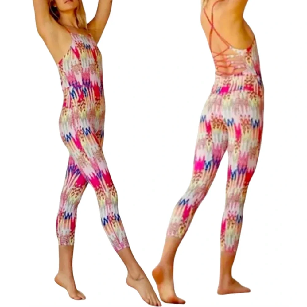 FREE PEOPLE FP MOVEMENT SHE'S GOT RHYTHM PRINTED STRAPPY JUMPSUIT ONE PIECE XS